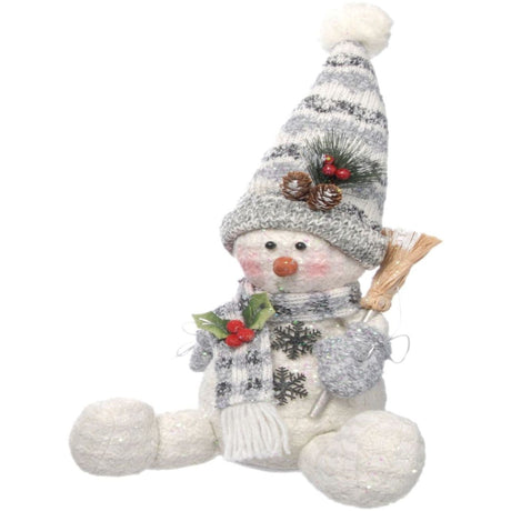 Christmas Decoration - Plush Sitting Snowman with Sweeping Brush (Grey)