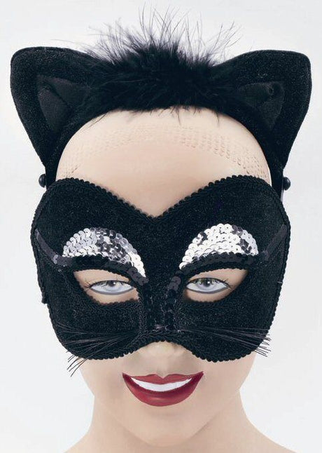 Cat Mask With Velour Ears On Headband (Black)