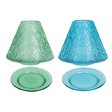 Aroma Jar Candle Leaf Patterned Glass Shade & Tray Set Various Colours