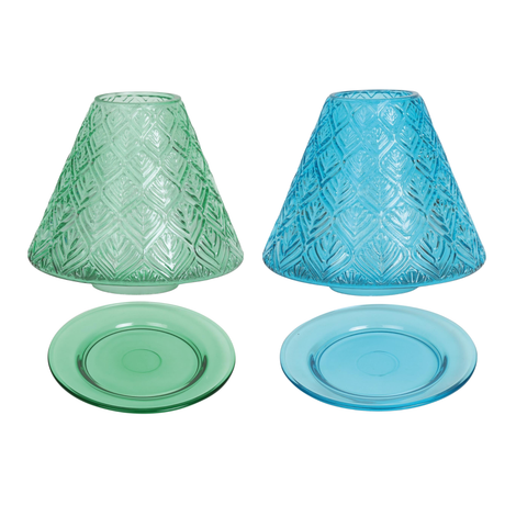 Aroma Jar Candle Leaf Patterned Glass Shade & Tray Set Various Colours