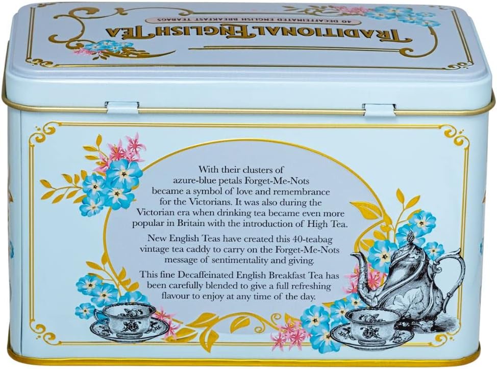 New English Teas Vintage Victorian Tea Tin with 40 Decaffeinated Afternoon Tea Bags - Blue