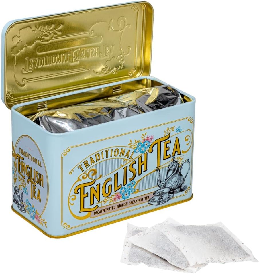 New English Teas Vintage Victorian Tea Tin with 40 Decaffeinated Afternoon Tea Bags - Blue
