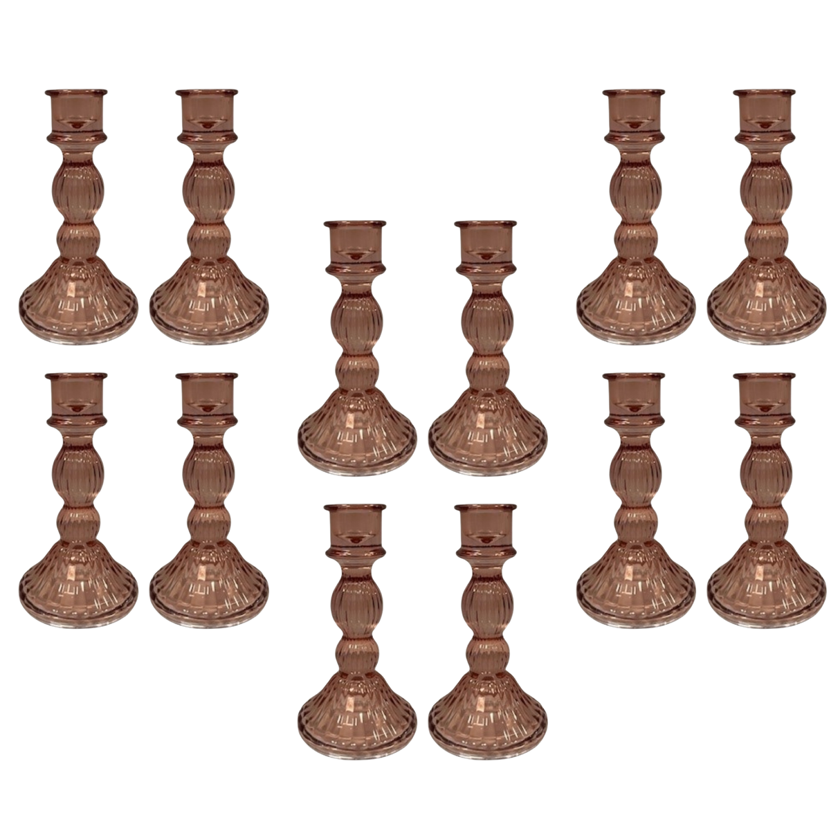 Rose Ribbed Glass Dinner Candle Holders - Various Sets