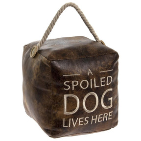 Antique Brown Faux Leather Cube Doorstop - A Spoiled Dog Lives Here