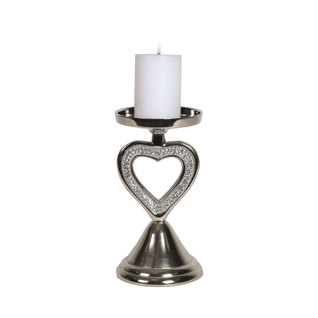 Silver Pillar Candle Holder with Jewelled Heart Detail 21cm