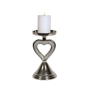 Silver Pillar Candle Holder with Jewelled Heart Detail 21cm
