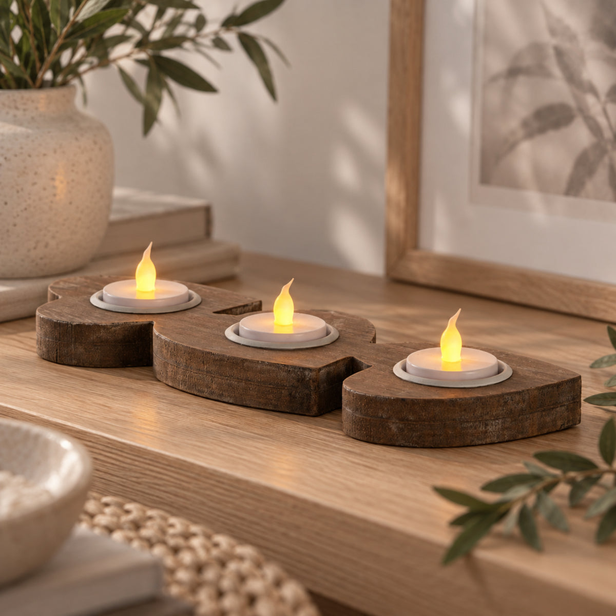 Tea Light Candle Holder - Three Wooden Hearts