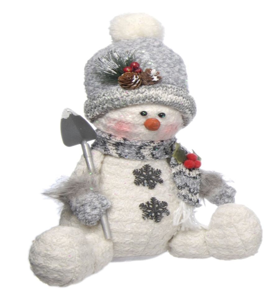 Christmas Decoration - Plush Sitting Snowman with Shovel (Grey)