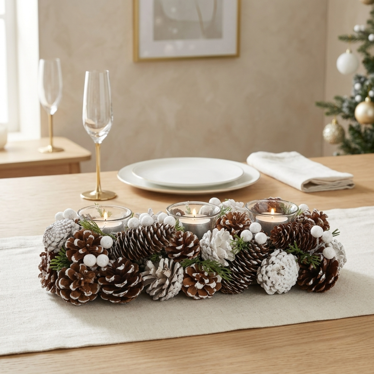Christmas Tea Light Candle Holders - Three Holders with Pine Cones - Various Colours