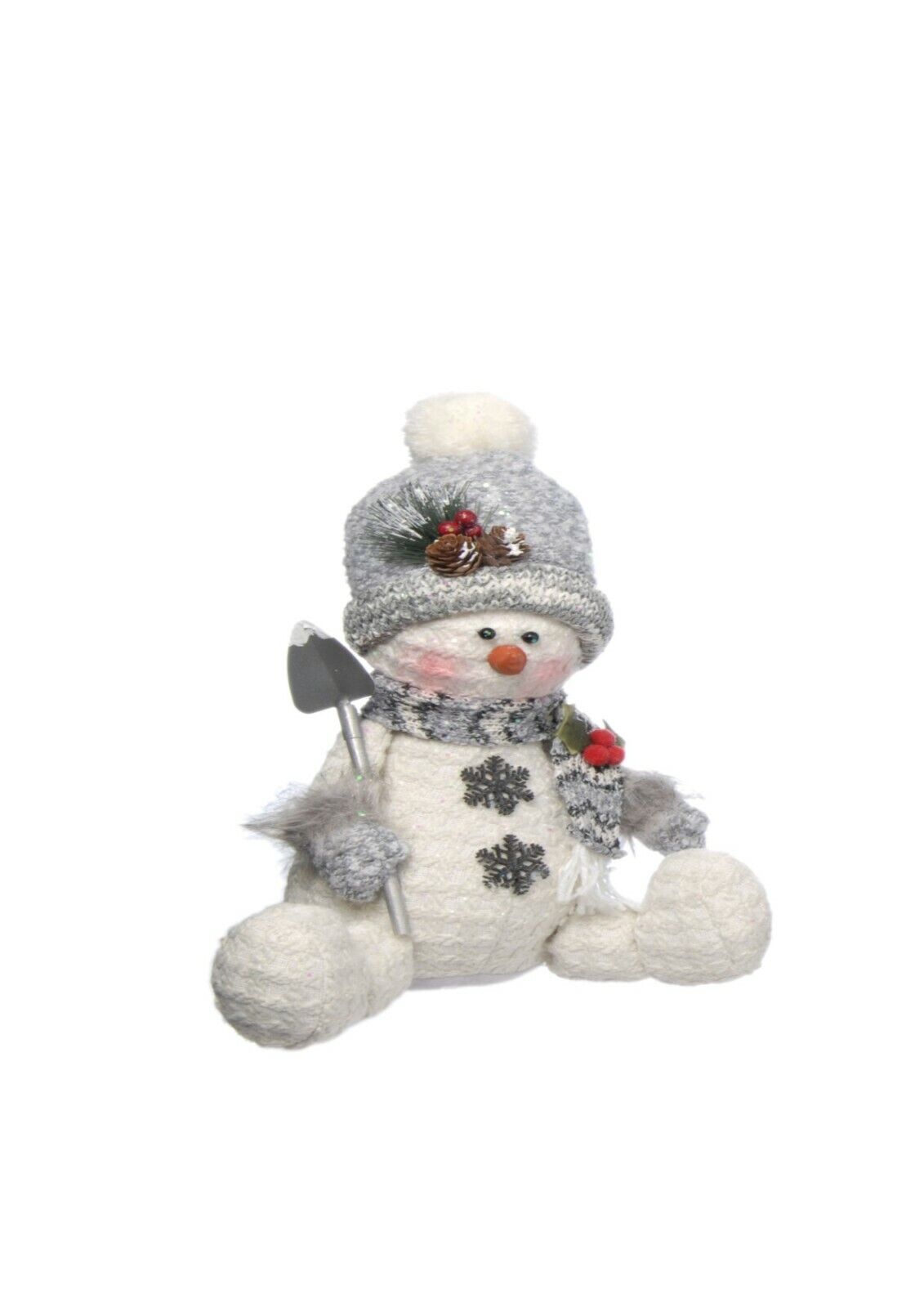 Christmas Decoration - Plush Sitting Snowman with Shovel (Grey)