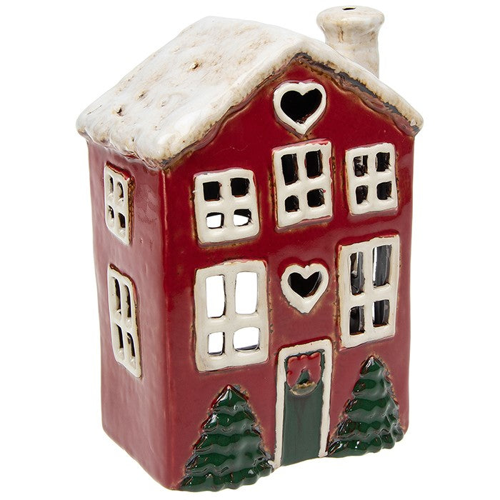 Village Pottery Christmas Heart House with Trees Tea Light Holder