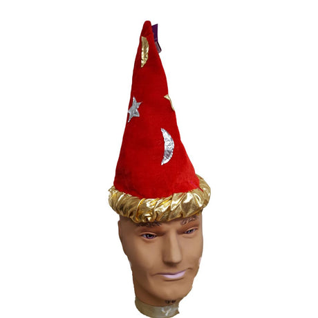 Wizard Fancy Dress Hat With Gold & Silver Stars & Moons (Red)