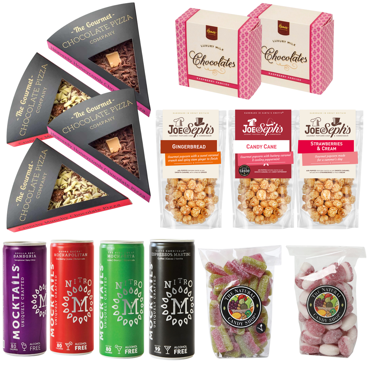 Family film night snack gift box with popcorn, chocolate pizza slices, sweets and alcohol free mocktails