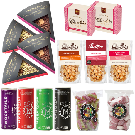 Family film night snack gift box with popcorn, chocolate pizza slices, sweets and alcohol free mocktails