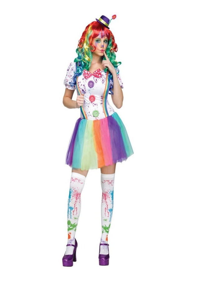 Ladies Colour Killer Clown Halloween Fancy Dress Outfit Costume - S-L