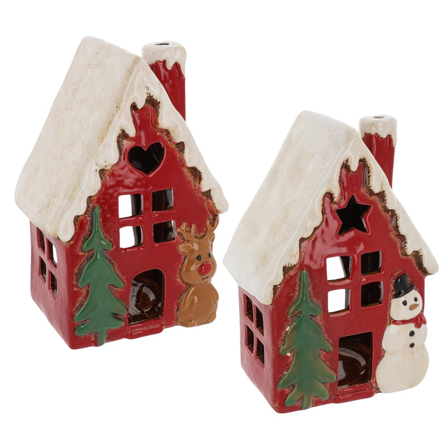 Village Pottery Christmas House Tea Light Holder Set - Reindeer & Snowman