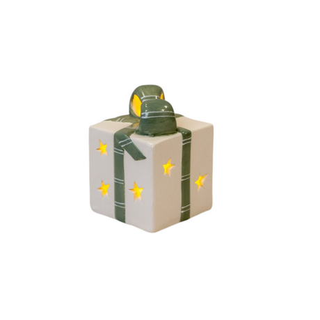 White/Green Ceramic Present with LED 10cm