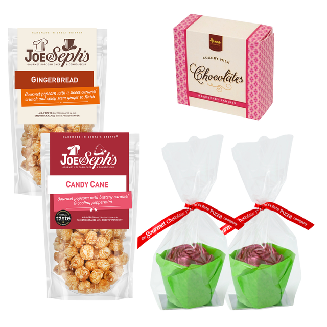 Winter Hot Chocolate & Popcorn Film Snack Pack including Red Rose hot chocolate bombs, Joe & Seph’s Gingerbread and Candy Cane popcorn, and Hames milk chocolate raspberry fancies.