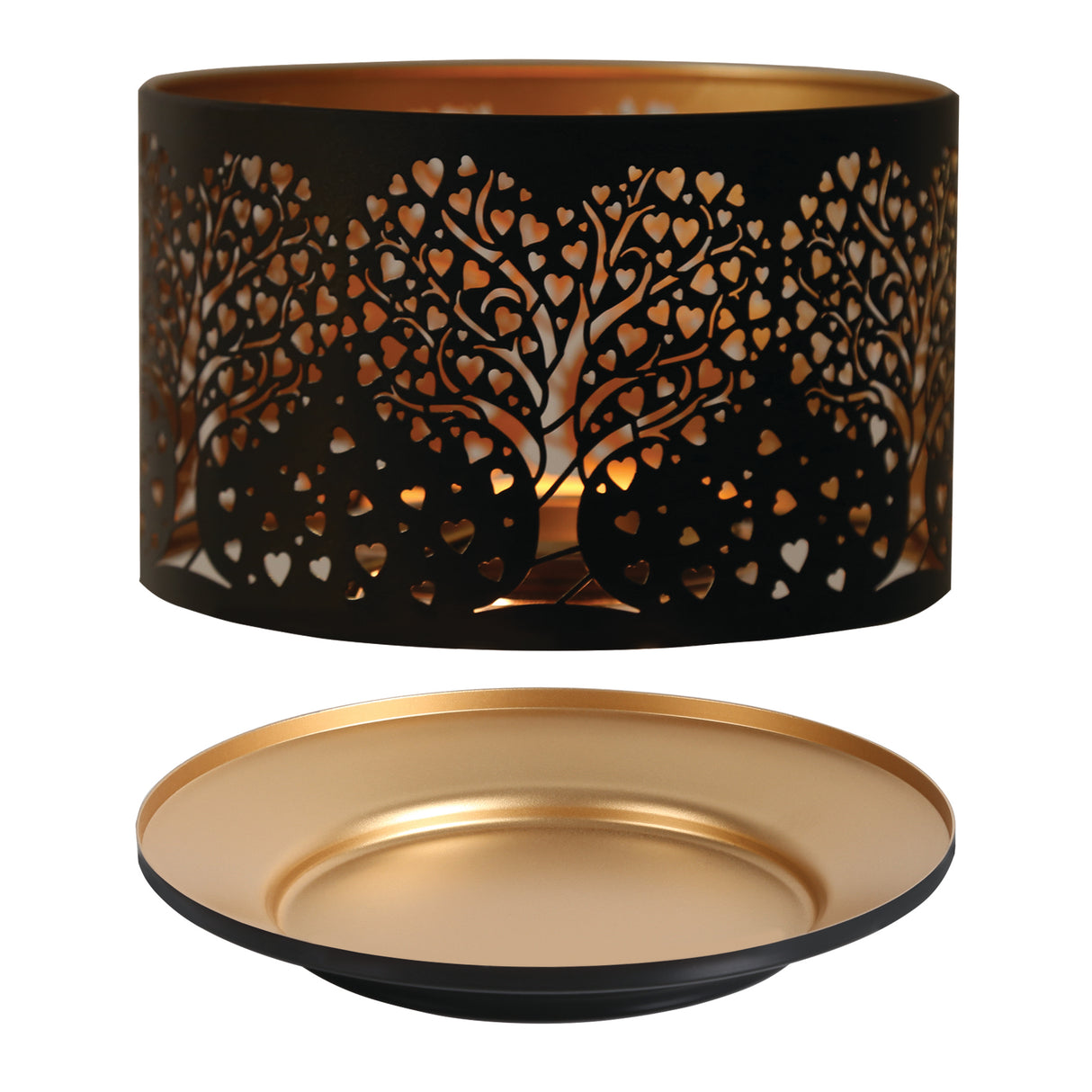 Aroma Jar Candle Metal Silhouette Shade & Tray Set - Black & Gold Heart Tree