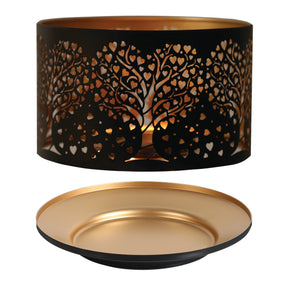 Aroma Jar Candle Metal Silhouette Shade & Tray Set - Black & Gold Heart Tree