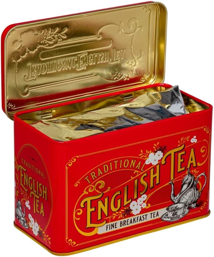 New English Teas Vintage Victorian Tea Tin with 40 Breakfast Tea Bags - Red