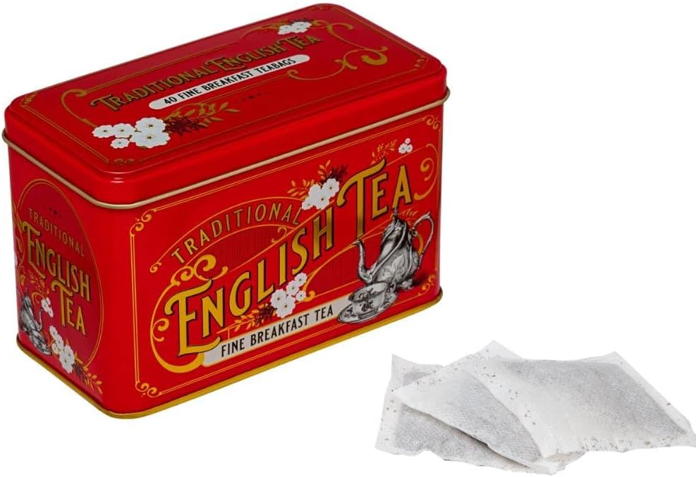 New English Teas Vintage Victorian Tea Tin with 40 Breakfast Tea Bags - Red