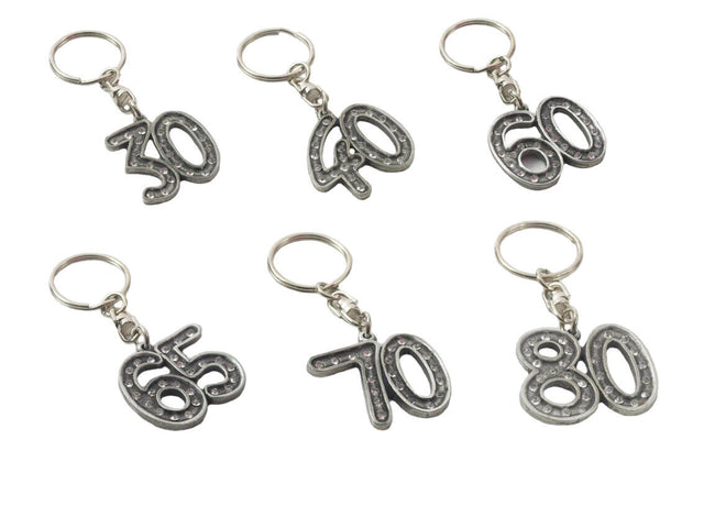 English Pewter Birthday Age Number Crystal Keyring - Various Ages