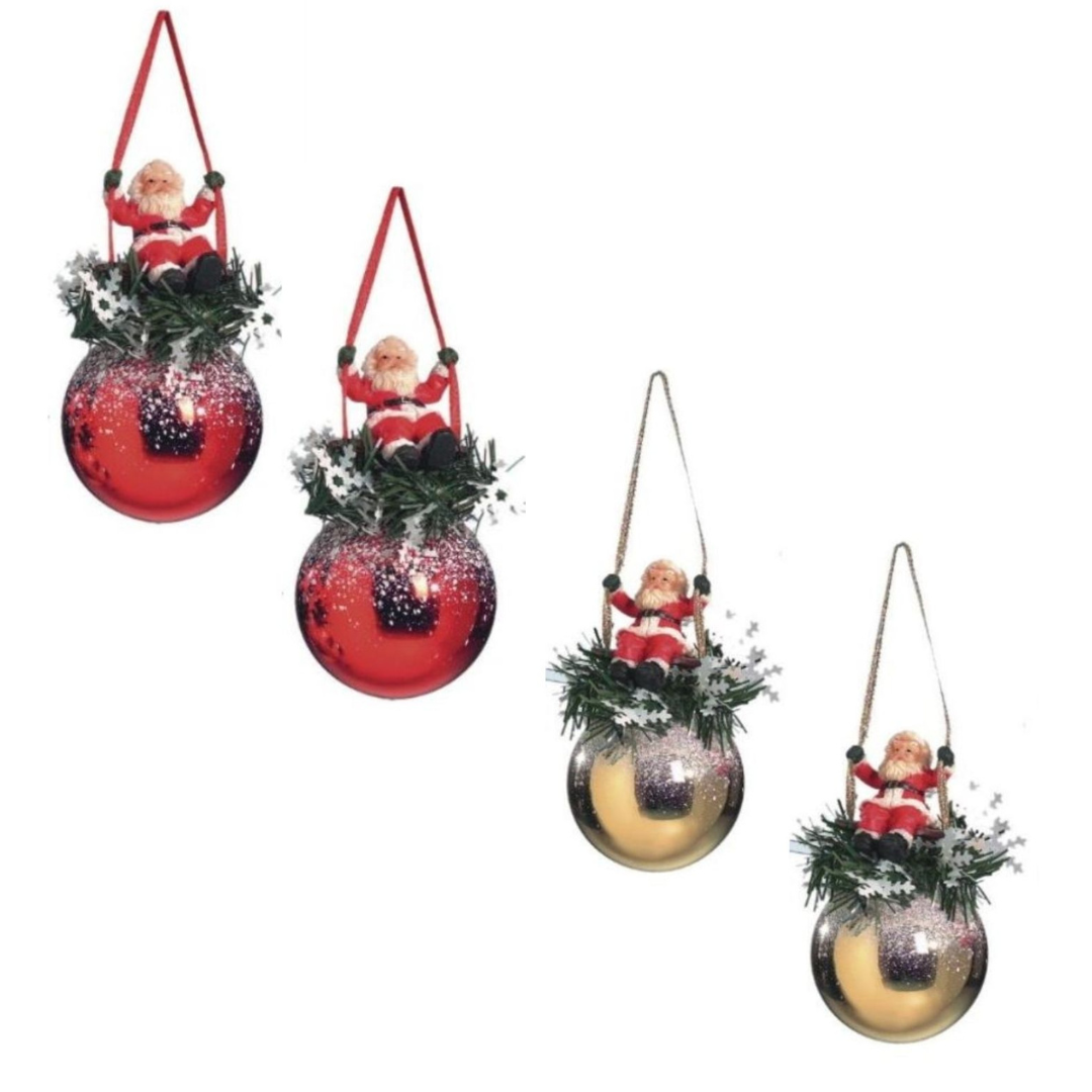 Christmas Tree Decorations Set of 2 Bauble with Santa on Swing Red or Gold