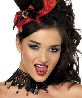 Ribbon Lace & Beaded Choker With Jewelled Cross