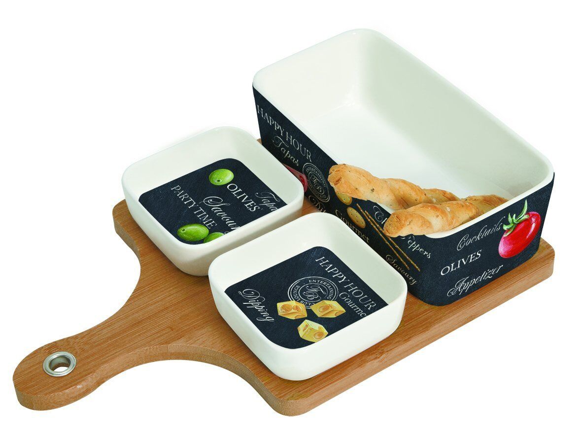 Ardesia Range Party Time Tasting Set 3 Bowls on Bamboo Board