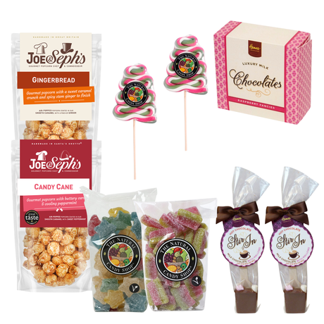 Christmas sweet and chocolate gift set featuring hot chocolate stirrers, festive popcorn, jelly sweets and peppermint lollipops