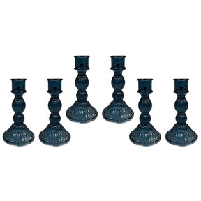 Blue Ribbed Glass Dinner Candle Holders - Various Sets