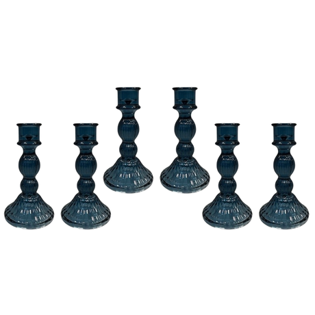 Blue Ribbed Glass Dinner Candle Holders - Various Sets