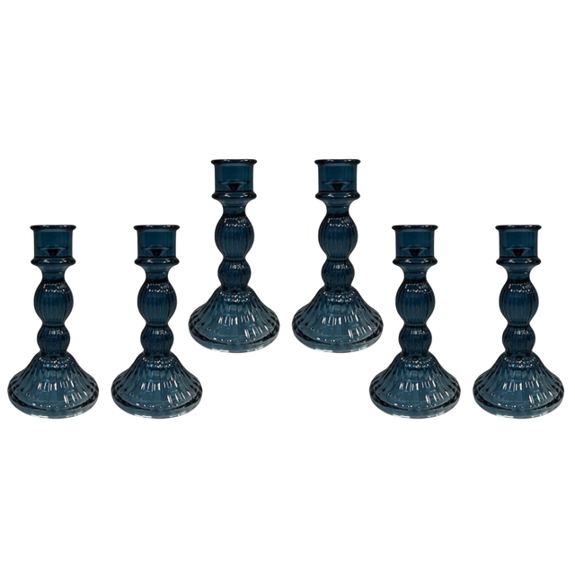 Blue Ribbed Glass Dinner Candle Holders - Various Sets