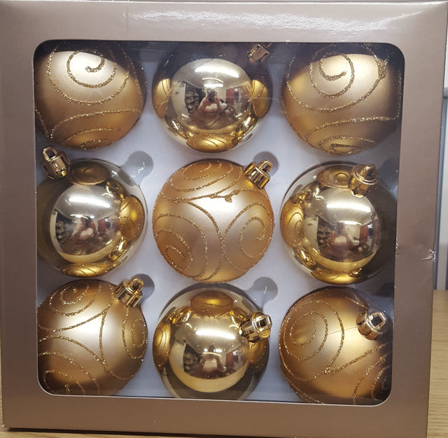 Christmas Tree Baubles - Shatterproof Gold Pack of 9 Assorted