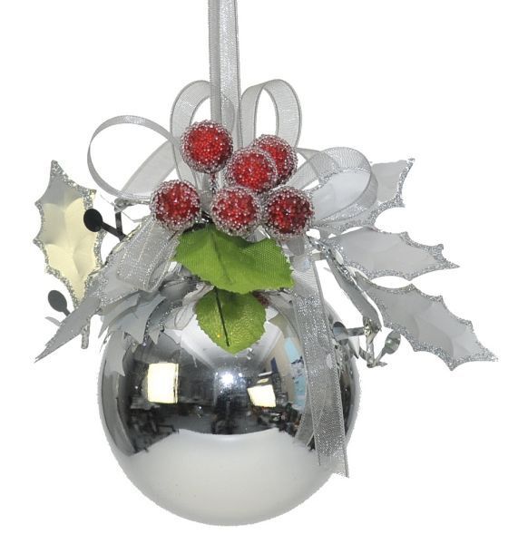 Weiste Christmas Tree Decorations Set of 2 - Silver Bauble with Holly Berries