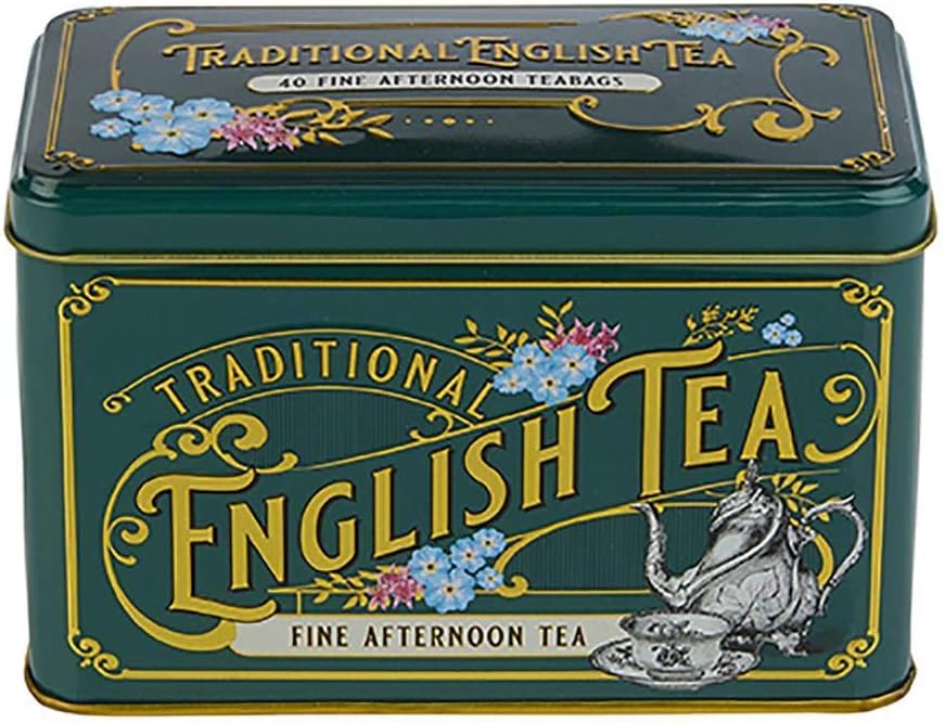 New English Teas Vintage Victorian Tin Caddy with 40 Afternoon Tea Bags - Bottle Green