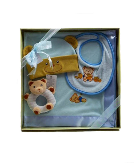 Russ Berrie Bunny Baby Blanket Bib Rattle & Hat Gift Set