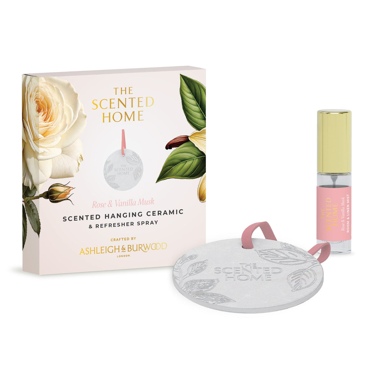 Ashleigh & Burwood New Scented Home Hanging Ceramic & Refresher Spray - Rose & Vanilla Musk