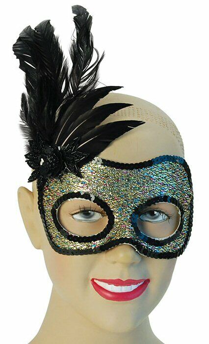 Sequin Side Feather Eye Mask (Multi Glitter Gold & Black