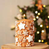 Gingerbread Snowflake & Star Embossed Christmas Pillar Candle - 11cm