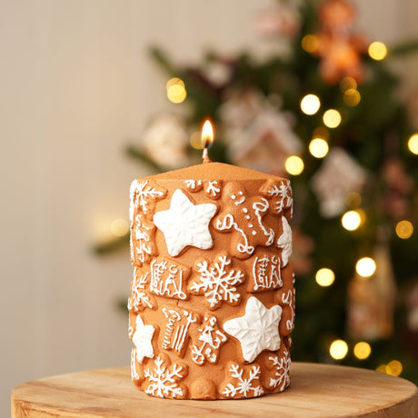 Gingerbread Snowflake & Star Embossed Christmas Pillar Candle - 11cm
