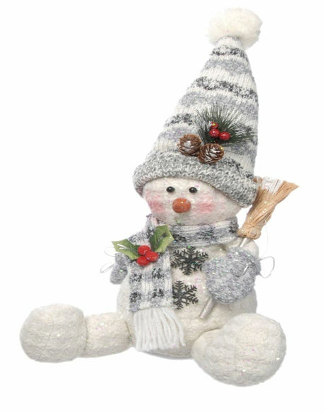 Christmas Decoration - Plush Sitting Snowman with Sweeping Brush (Grey)