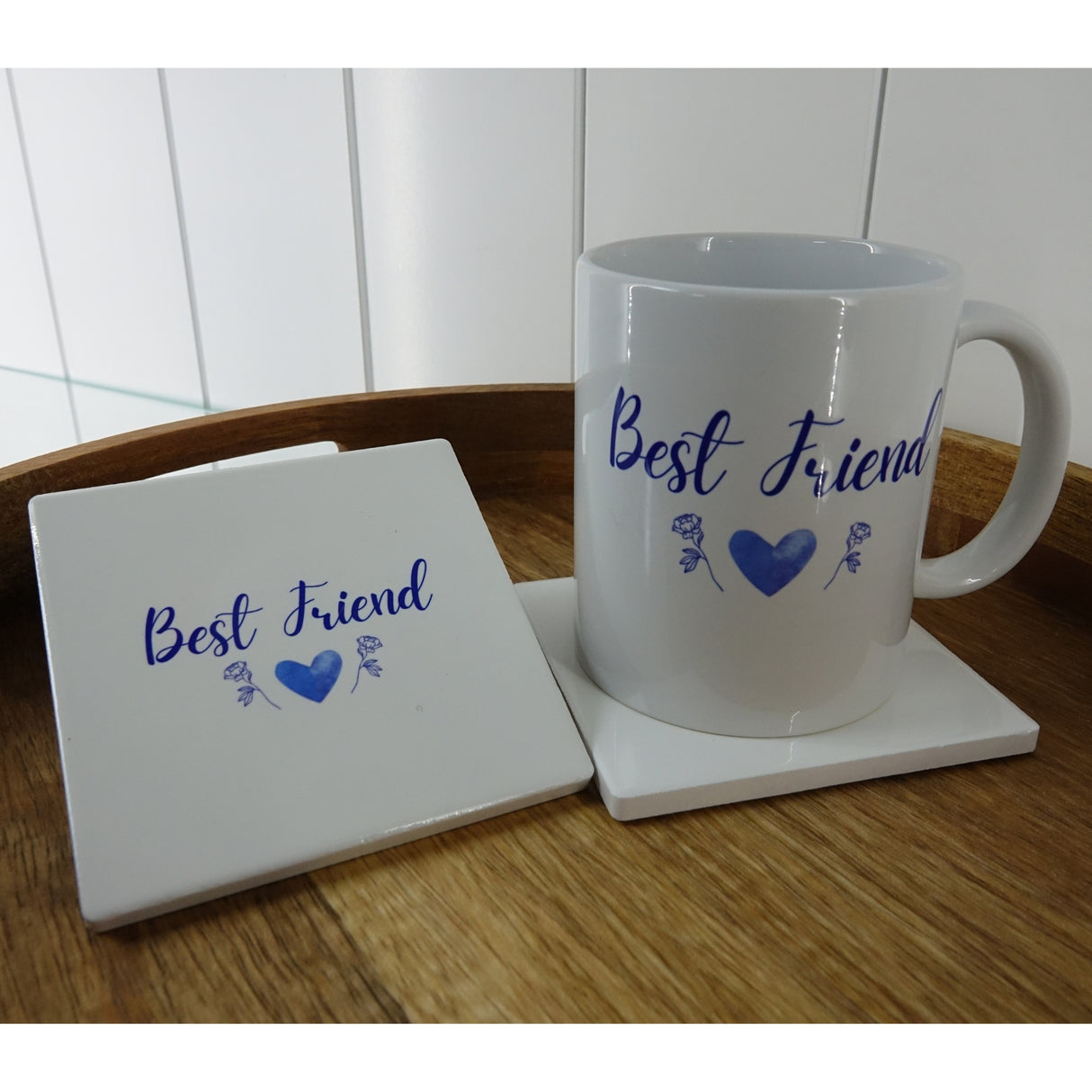 Personalised Mugs Heart & Flowers Mug & Coaster Sets - Blue