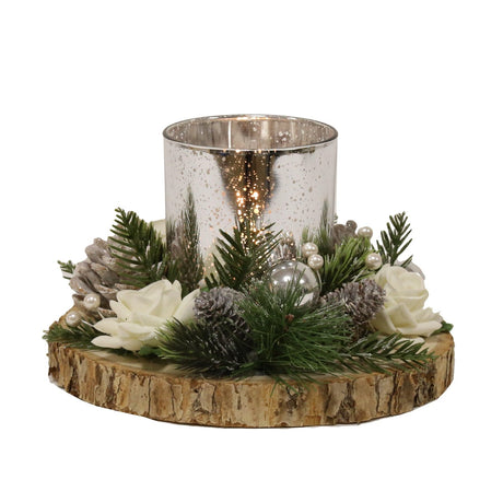 Christmas Tea Light Candle Holder - Silver Holder with White Rose & Pine Cones