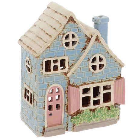Village Pottery Double House Tea Light Holder - Blue