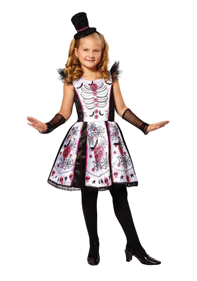 Childs Day Of The Dead Skeleton Beauty Halloween Fancy Dress Costume 5-11 Years