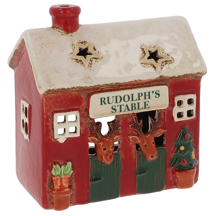 Village Pottery Christmas Collection Tea Light Holder - Rudolph's Stable