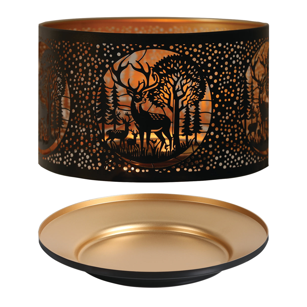 Aroma Jar Candle Metal Silhouette Shade & Tray Set - Black & Gold Deer
