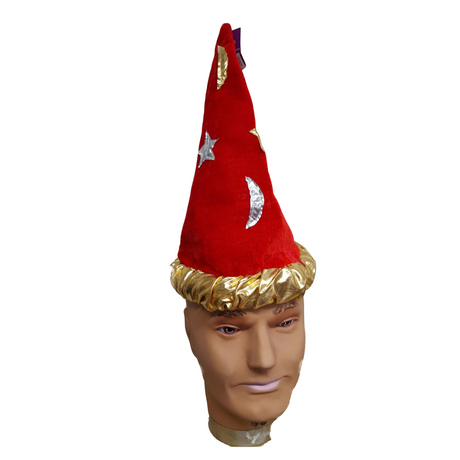 Wizard Fancy Dress Hat With Gold & Silver Stars & Moons (Red)